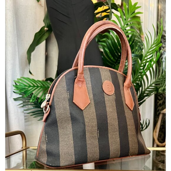 Vintage Fendi Zucca Striped Canvas & Leather Handbag - Picture 6 of 9